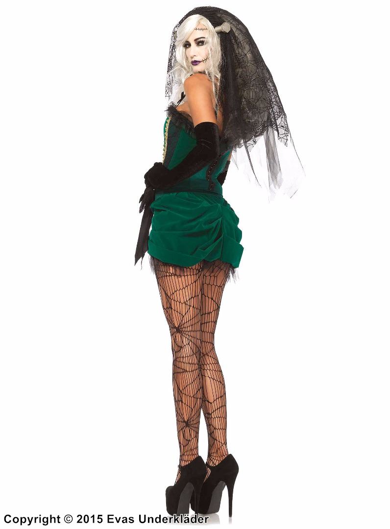 Frankensteins brud, maskeraddräkt med topp och kjol i sammet med volangkant och stor rosett